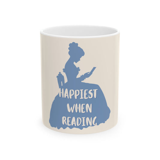Ceramic mug with blue reading silhouette and 'Happiest When Reading' on front
