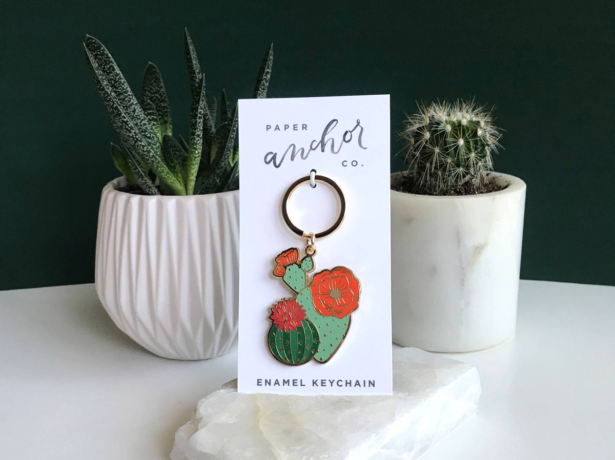 Enamel cactus and flower keychain charm with gold ring, on display card