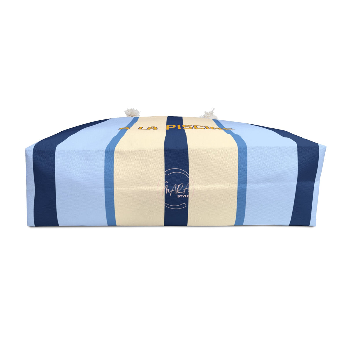Rolled tote bag with blue vertical stripes and central beige panel with text