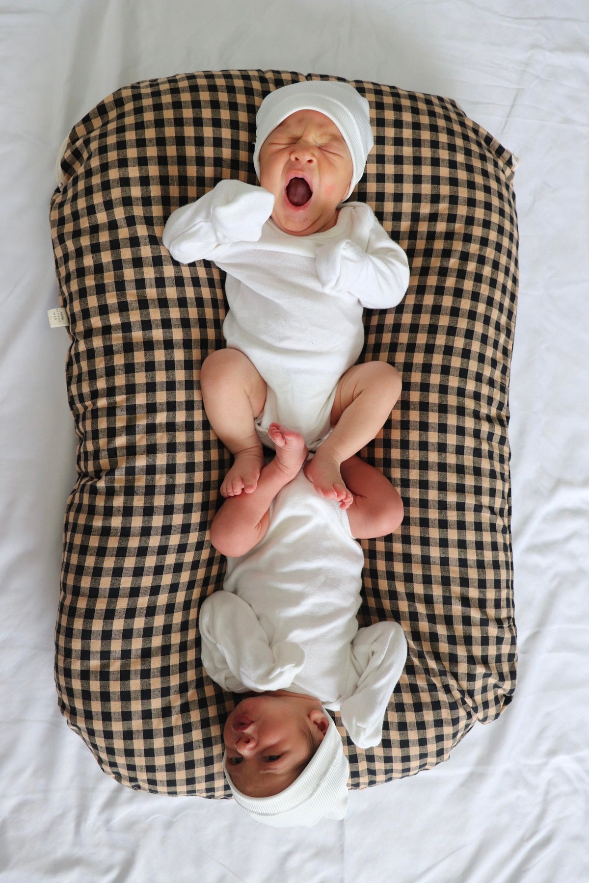 Brown and black gingham baby lounger cover shown beneath two babies