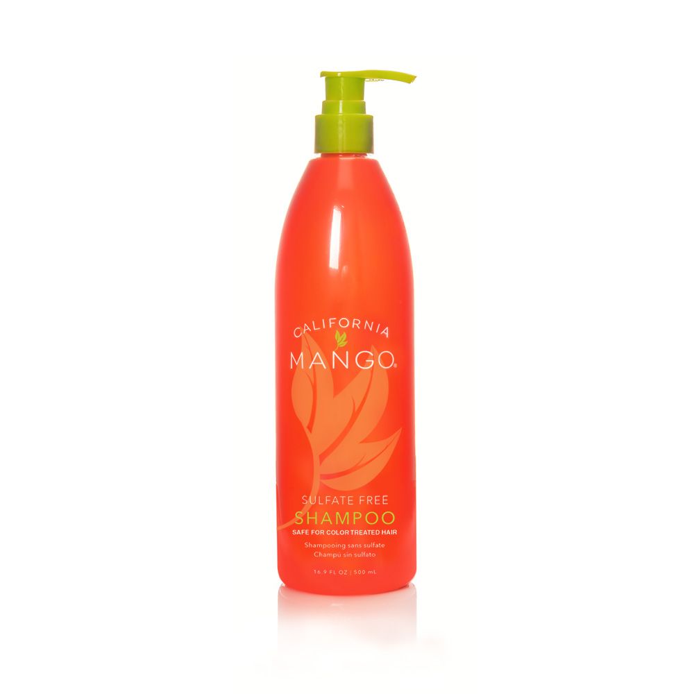 California Mango sulfate-free shampoo in a coral pump bottle with a lime-green dispenser.