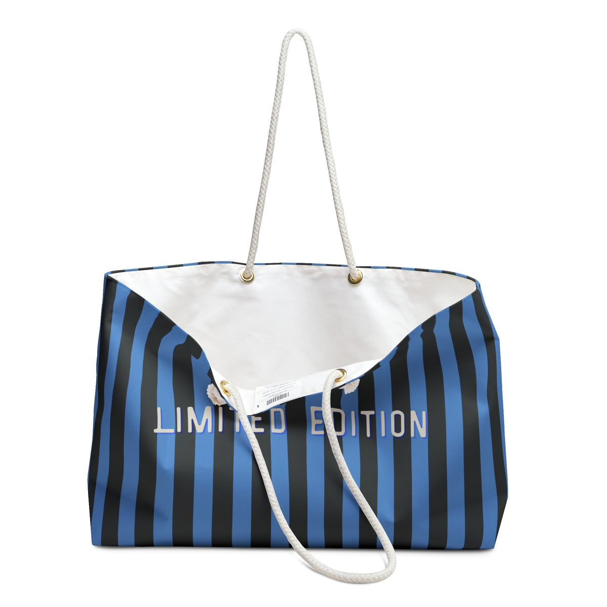 Blue and gray striped weekender bag with white rope handles and LIMITED EDITION print
