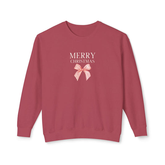 Ladies sweatshirt in crimson with 'Merry Christmas' bow graphic