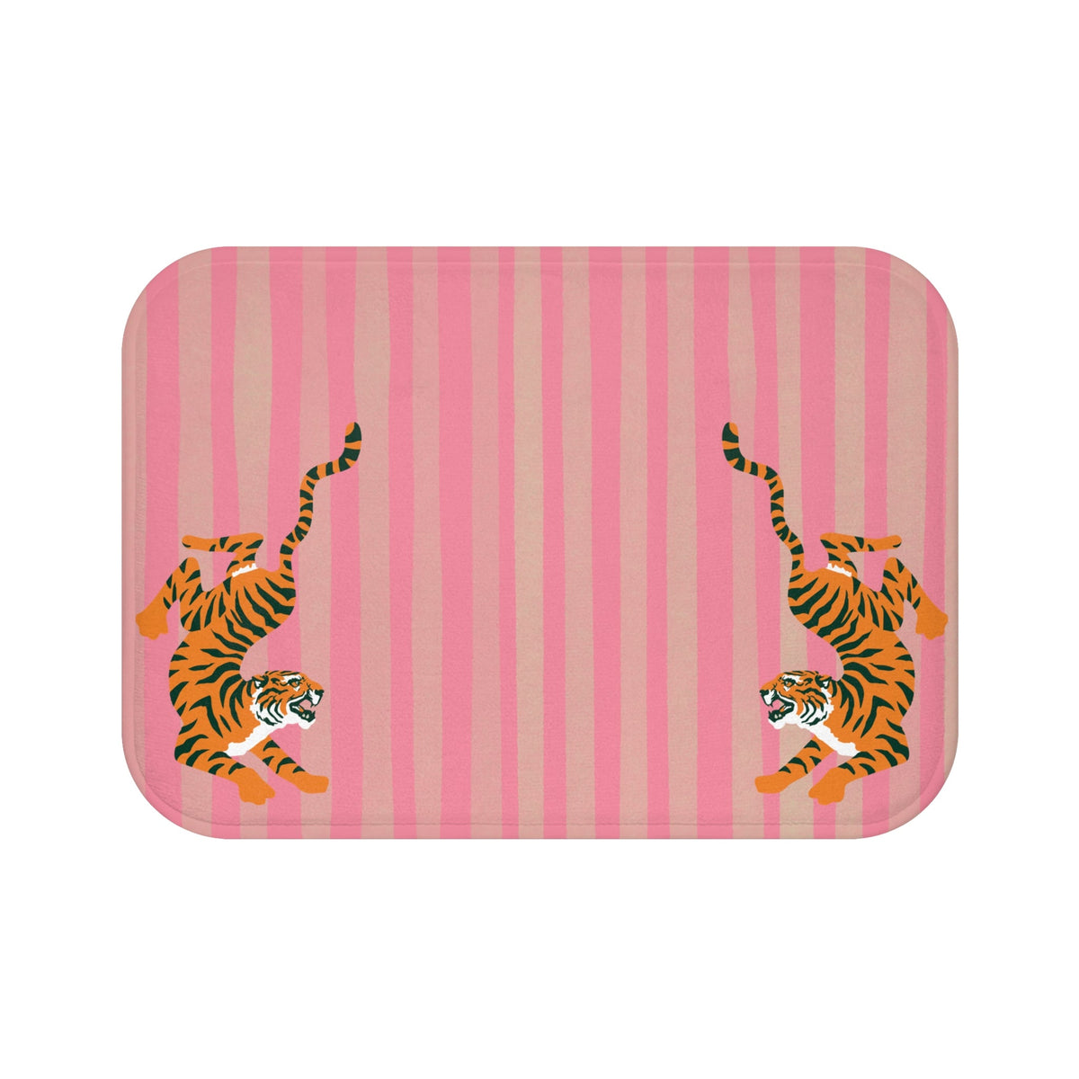 Rectangular pink striped bath mat featuring mirrored tiger figures