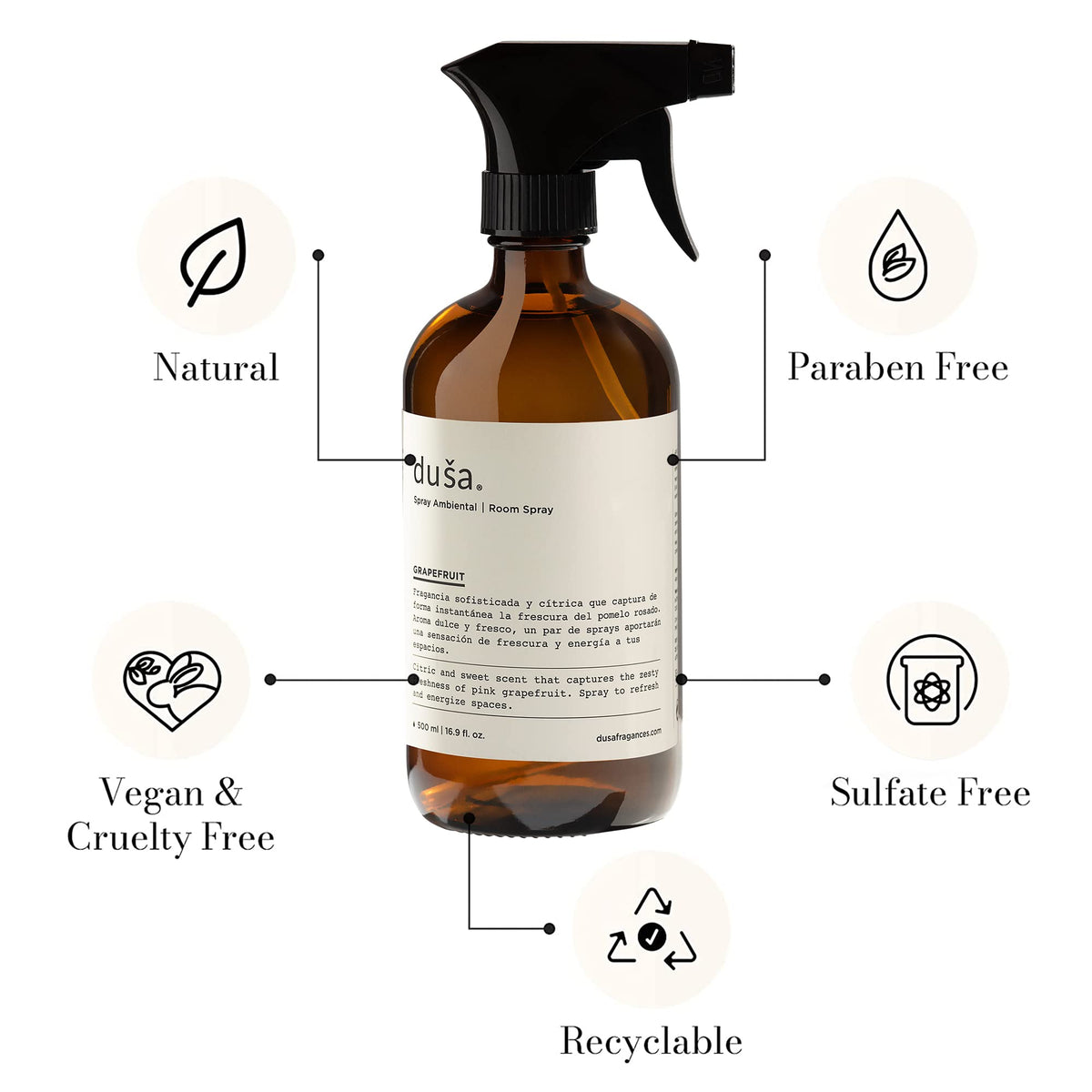 Amber room and linen spray bottle with black trigger sprayer, grapefruit scent