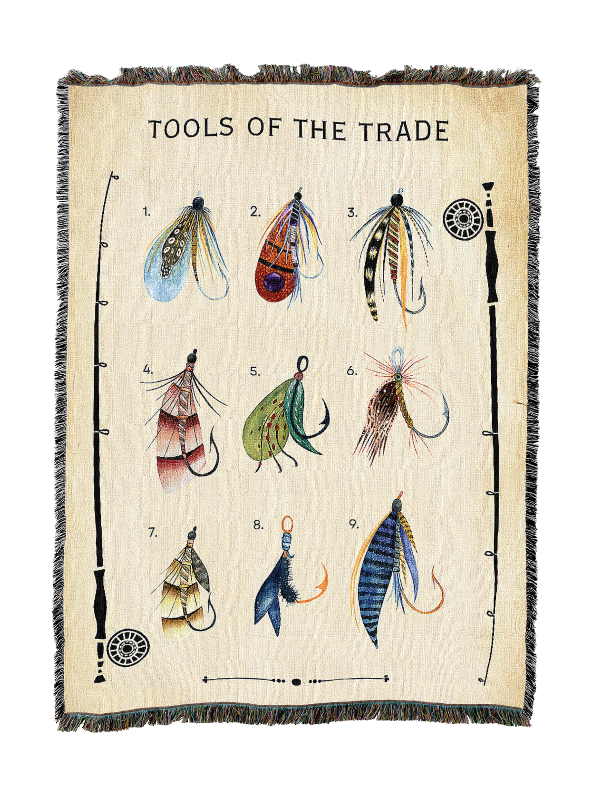 Beige fly fishing blanket with numbered lure illustrations and fringed border