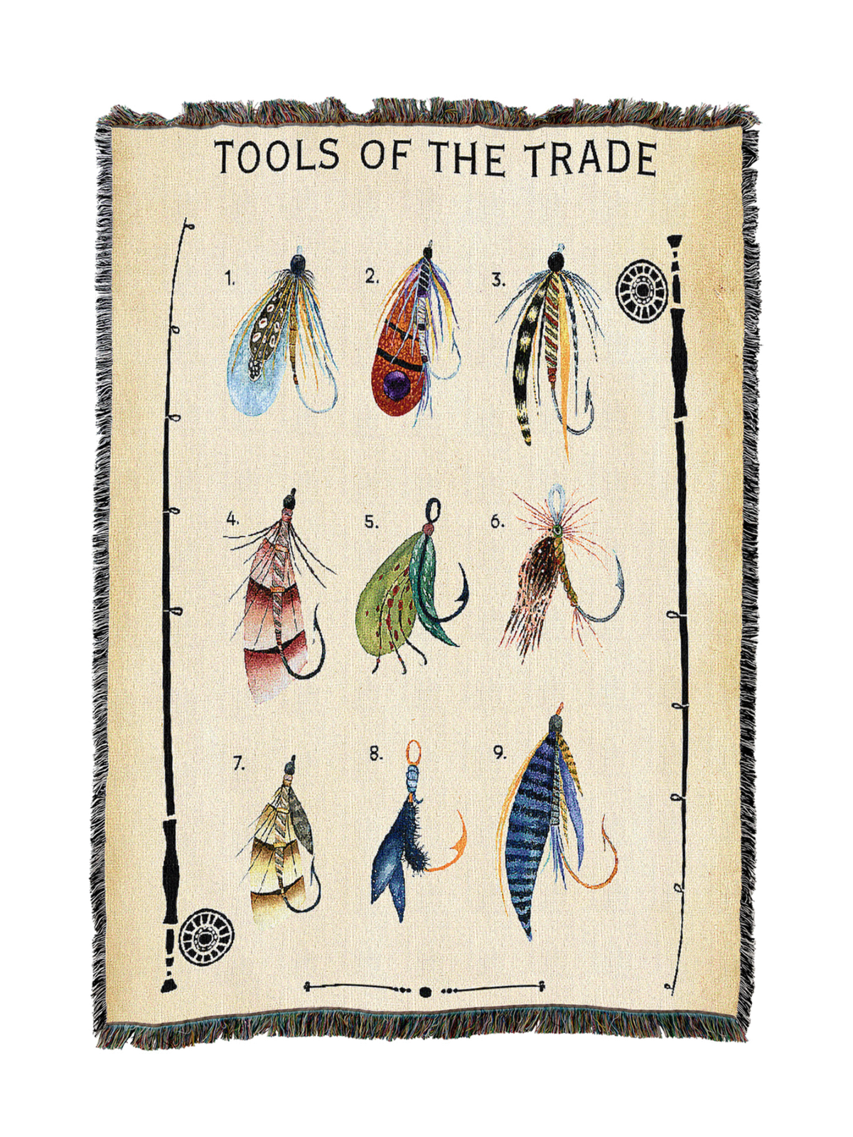 Beige fly fishing blanket with numbered lure illustrations and fringed border