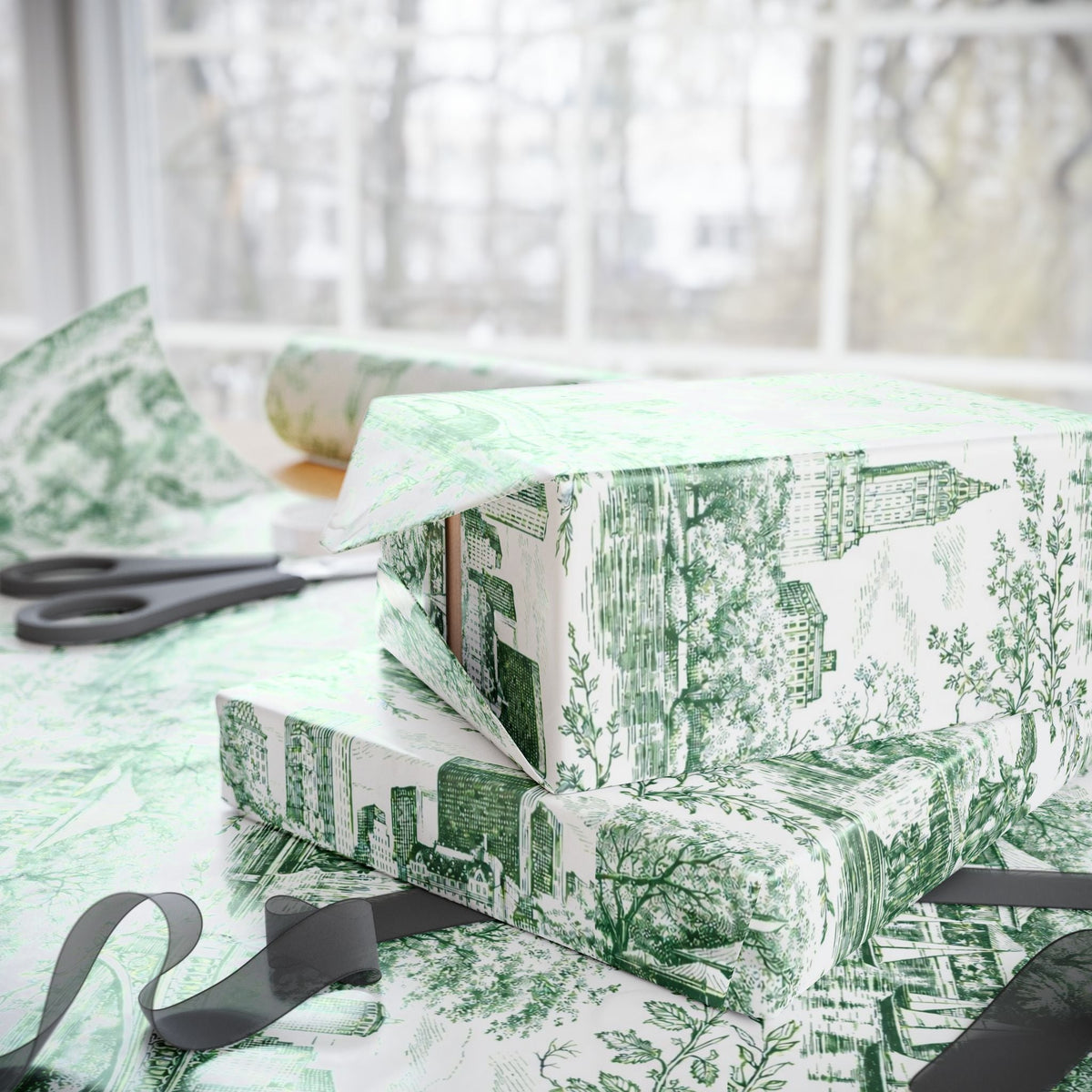 Stack of green toile wrapping paper with New York buildings and foliage pattern, ribbon accents