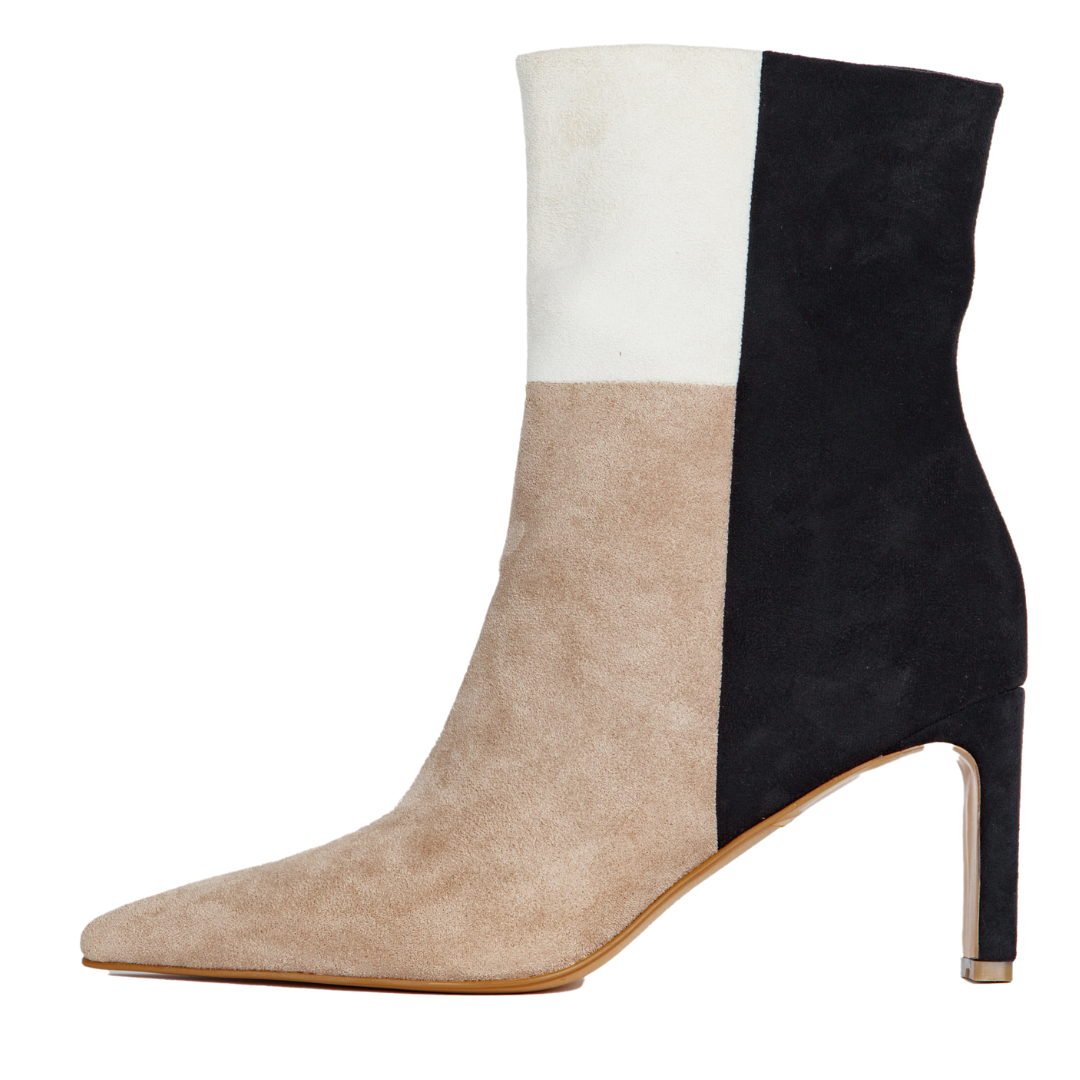 Color-block ankle boot with side zip, nude toe, black shaft, high stiletto heel