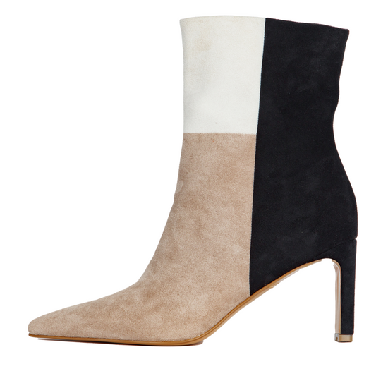 Color-block ankle boot with side zip, nude toe, black shaft, high stiletto heel