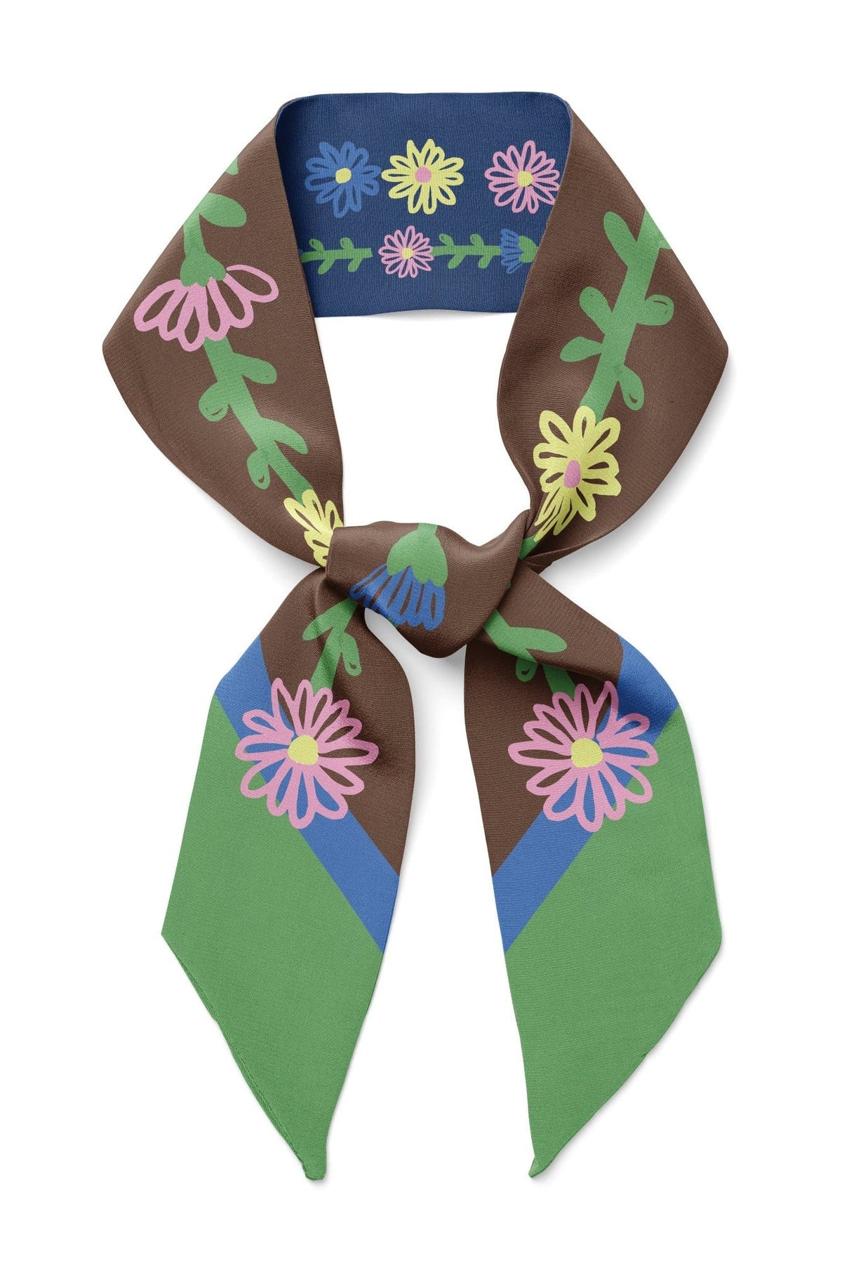 Brown twilly ribbon scarf with multicolor floral print and tied bow knot