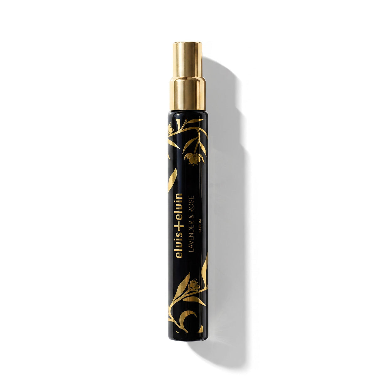 Lavender & Rose perfume spray bottle, black with gold cap and gold decorative accents