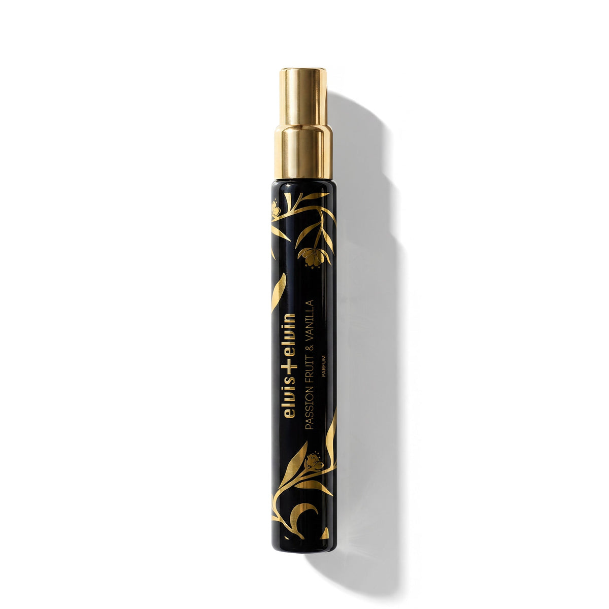 Passion fruit & vanilla parfum travel spray bottle, black body with gold cap