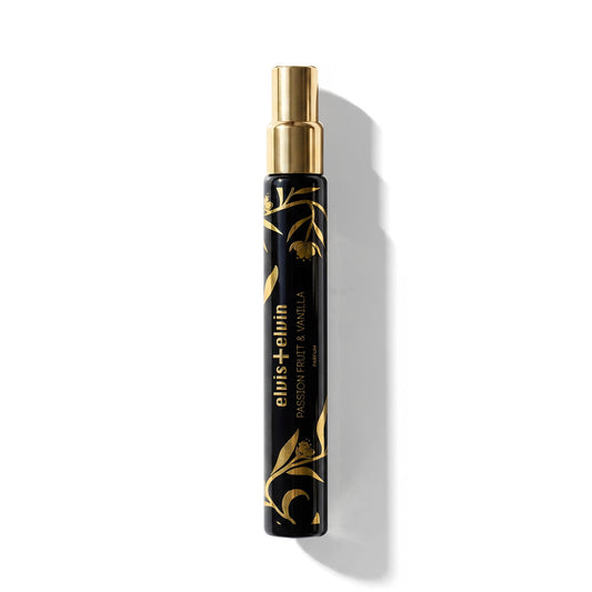 Passion fruit & vanilla parfum travel spray bottle, black body with gold cap