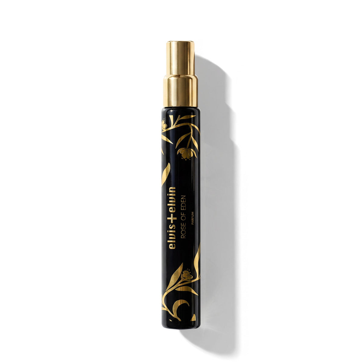Rose of Eden perfume spray bottle, black with gold cap and ornate label