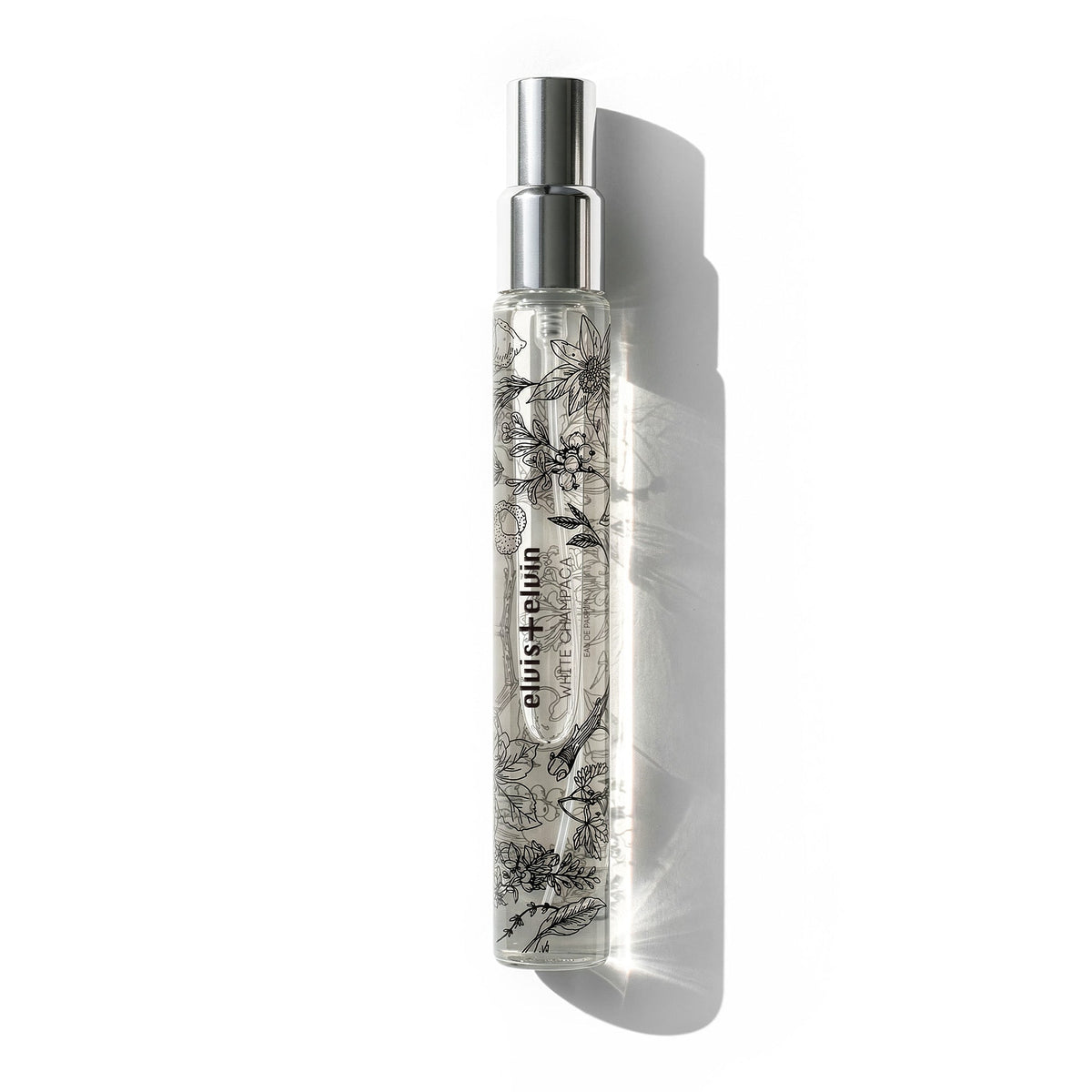 Eau de parfum spray bottle with silver cap, clear glass, and black floral label