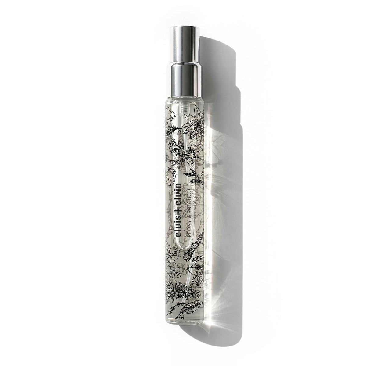Clear eau de parfum bottle with silver spray cap and botanical label