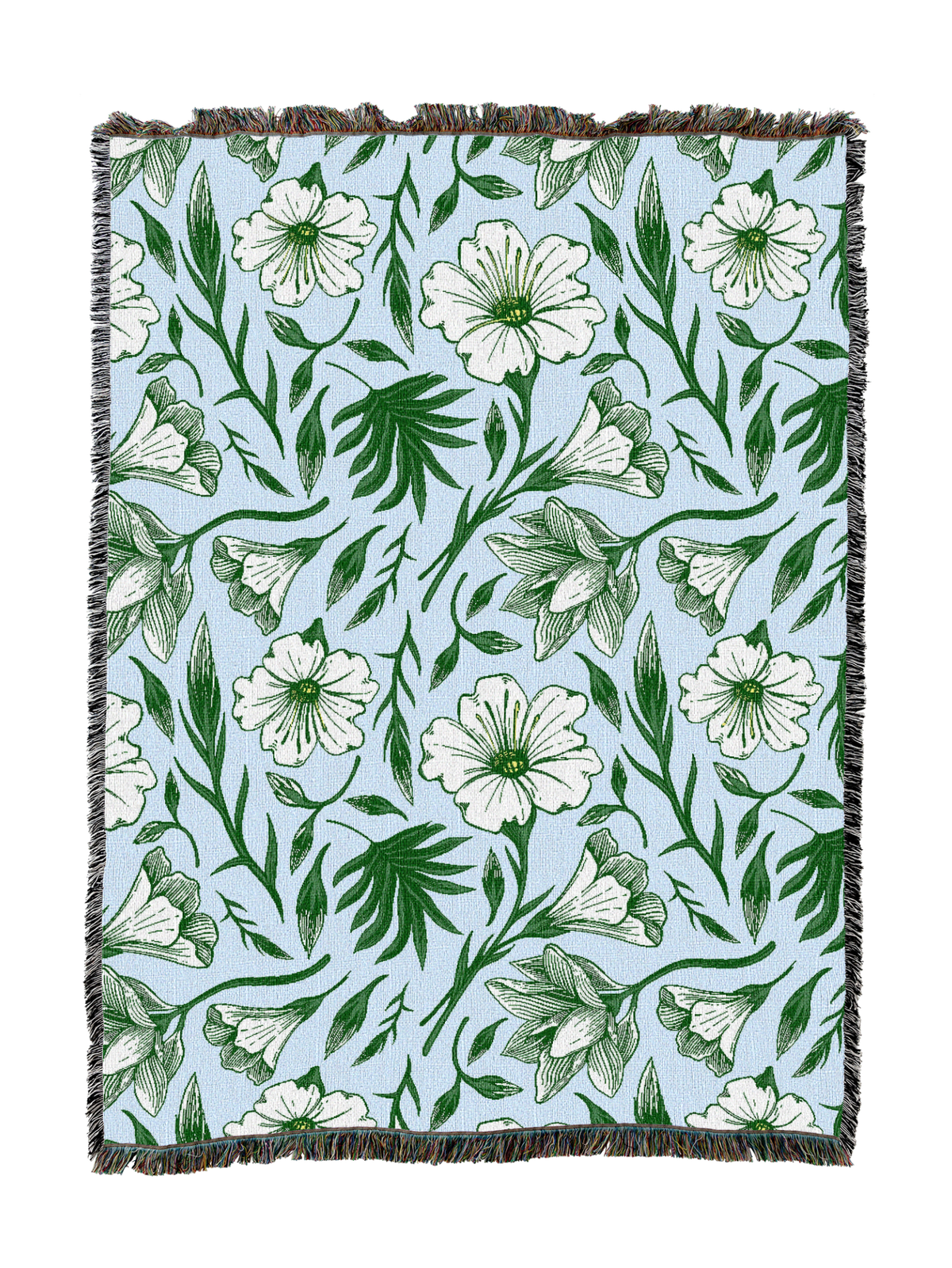 Floral throw blanket with white flowers and green vines, fringed border
