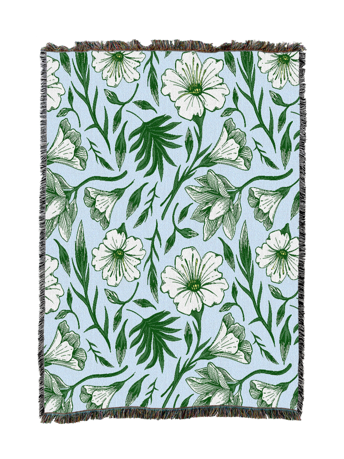 Floral throw blanket with green leafy pattern and white flowers, fringed edges