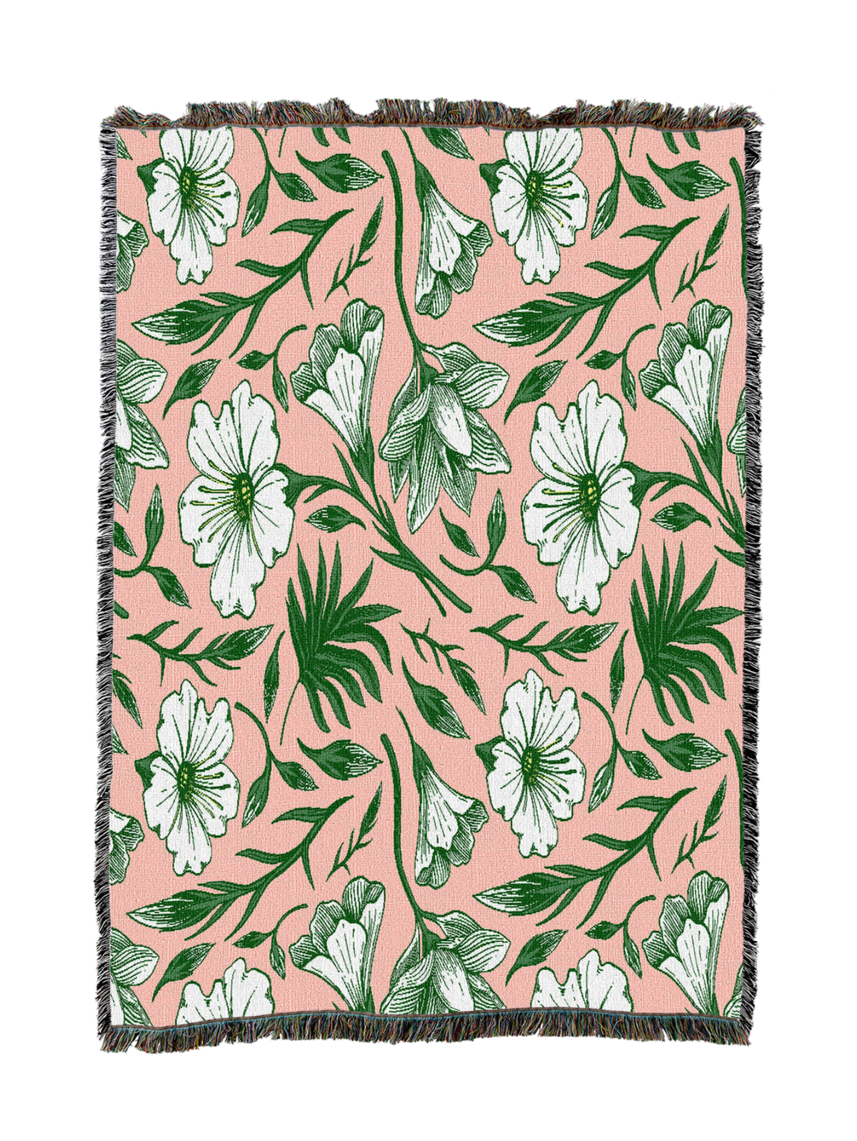 Floral throw blanket in light peach with white flowers and green leaves, fringed border