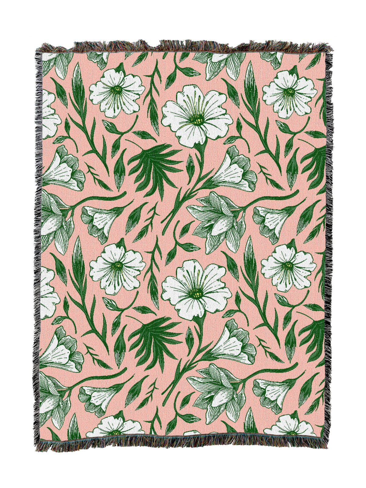 Floral throw blanket in peach with white flower print and green foliage, fringed trim
