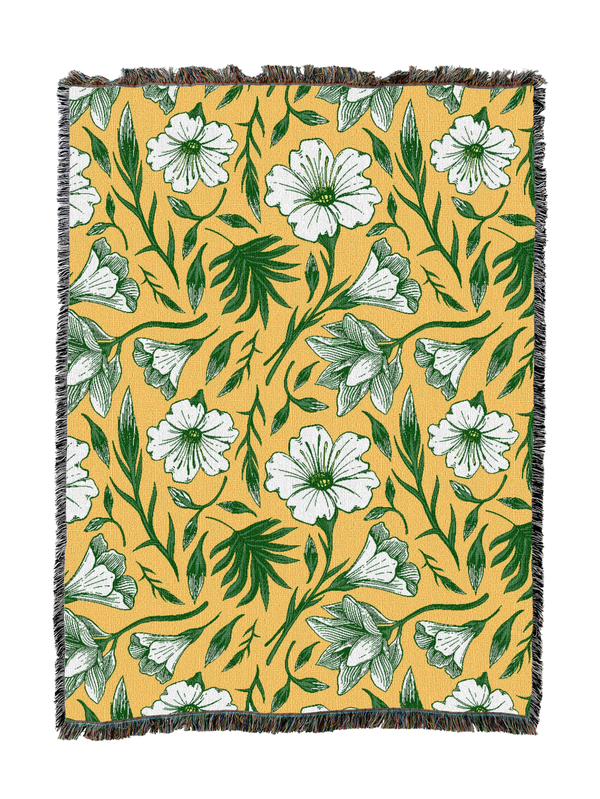 Floral throw blanket in yellow with white flowers and green leaves, fringed edges