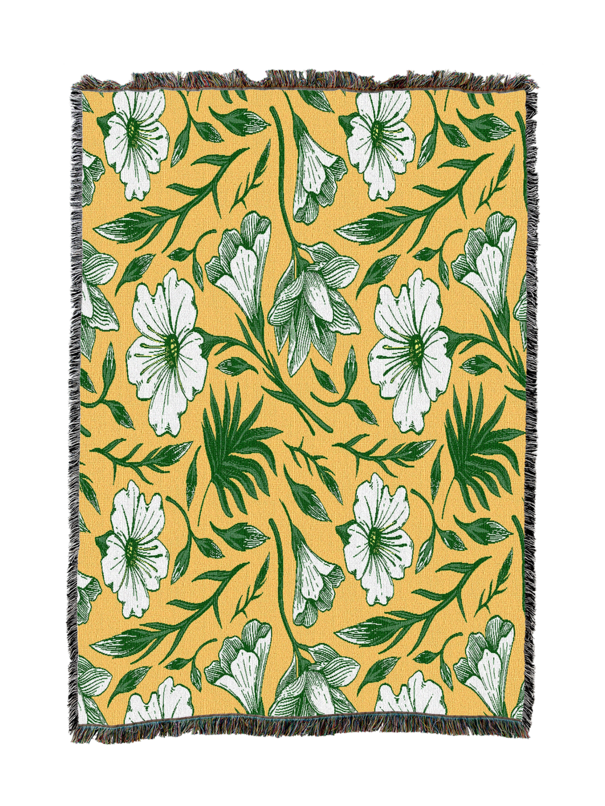 Yellow floral blanket with white and green flowers, fringed edges.