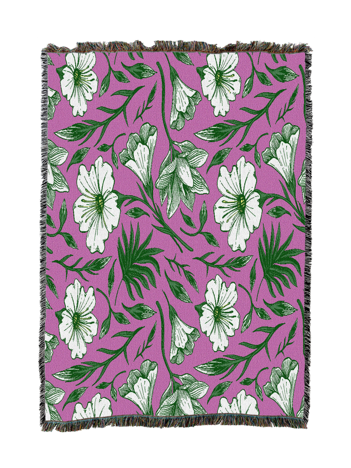Purple floral blanket with white and green flowers, fringed edges.