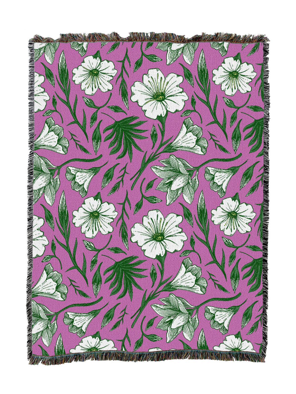 Floral throw blanket in purple with white blossom pattern and green foliage, fringed trim