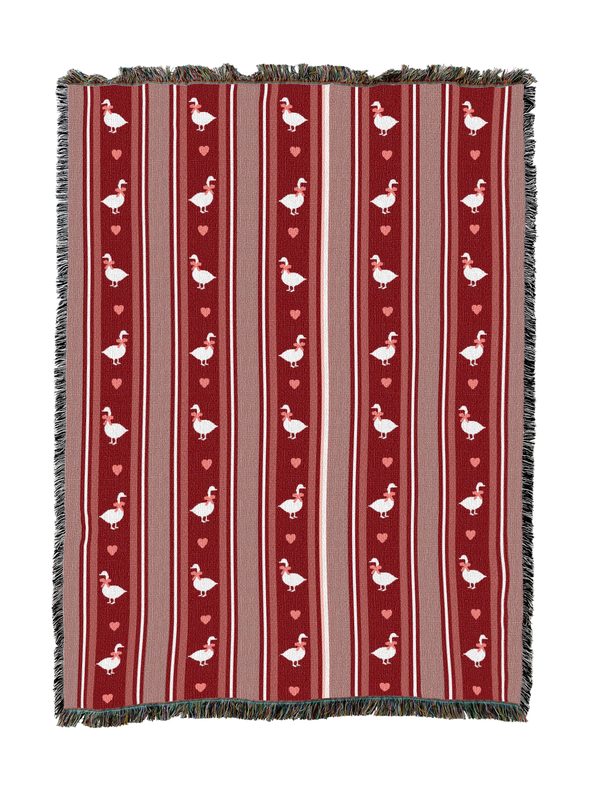 Burgundy striped goose-and-heart blanket with white motifs and short fringe trim