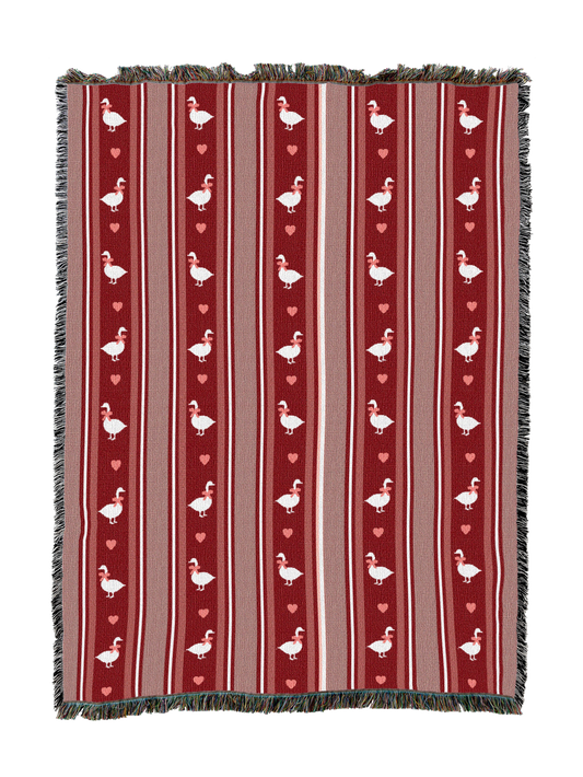 Goose hearts blanket: burgundy vertical stripes, white geese hearts, fringed edges