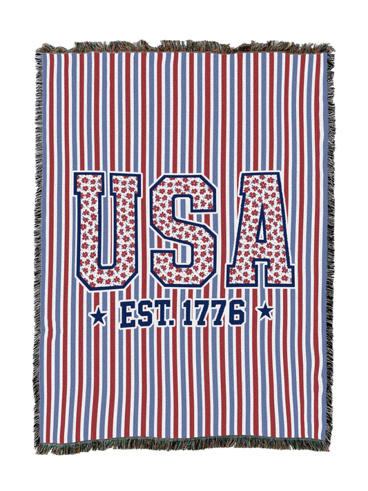 Patriotic throw blanket with blue and red vertical stripes, US and EST 1776 design