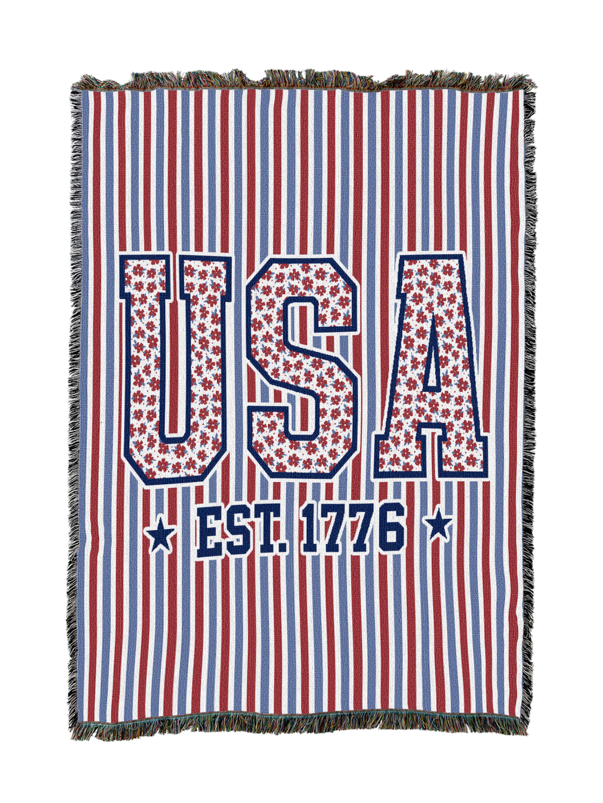 Patriotic throw blanket with vertical stripes, oversized USA letters, fringe trim