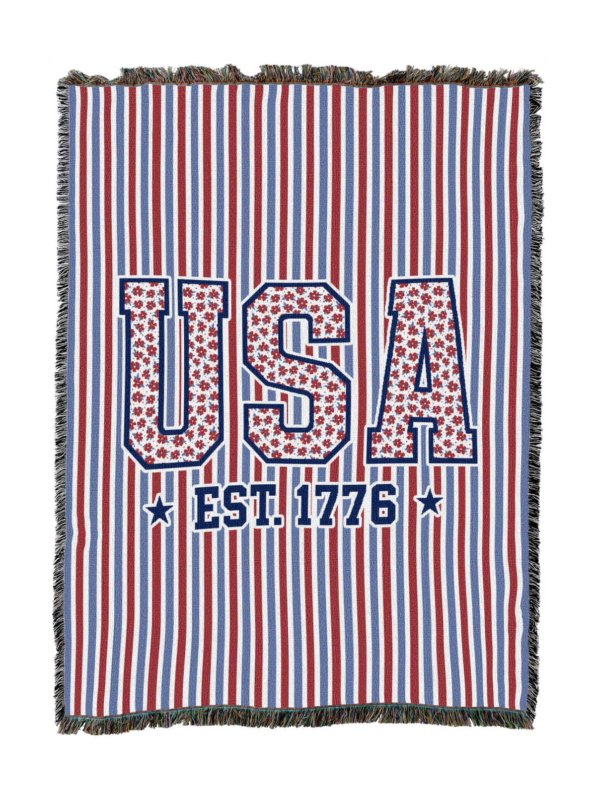 Patriotic striped blanket with large US letters and EST 1776 graphic, fringe border