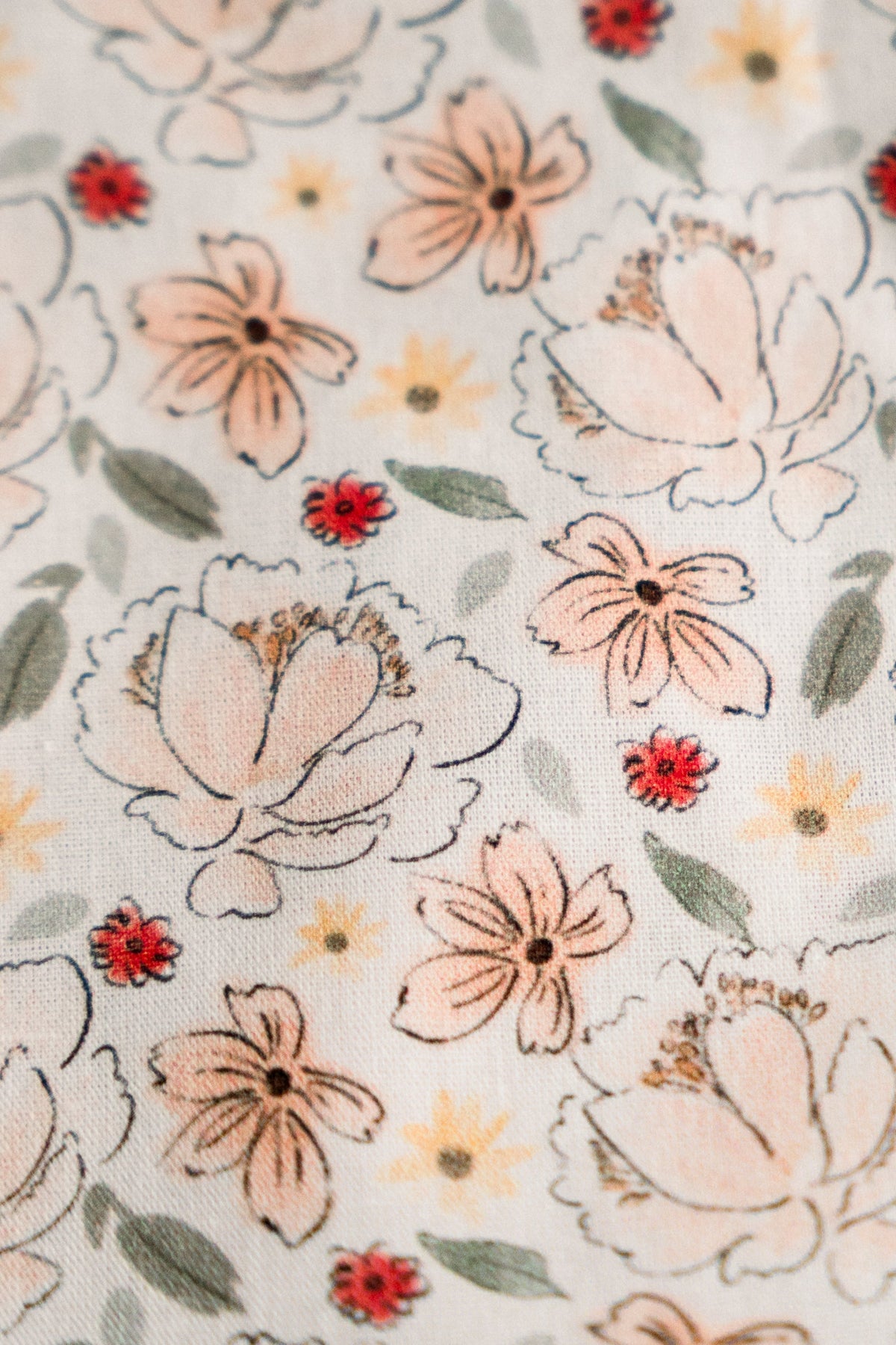 Floral pouch fabric swatch, light cream with peach and red blossoms