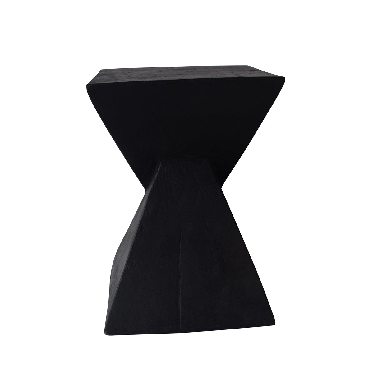 Black side table showing its tapered hourglass profile from another angle