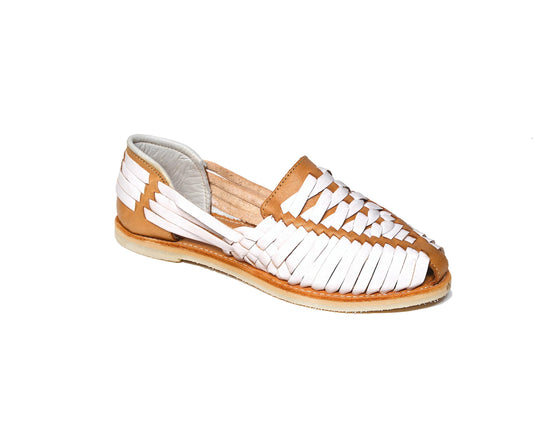 Women’s cross-woven huarache sandal with white straps and tan leather sole
