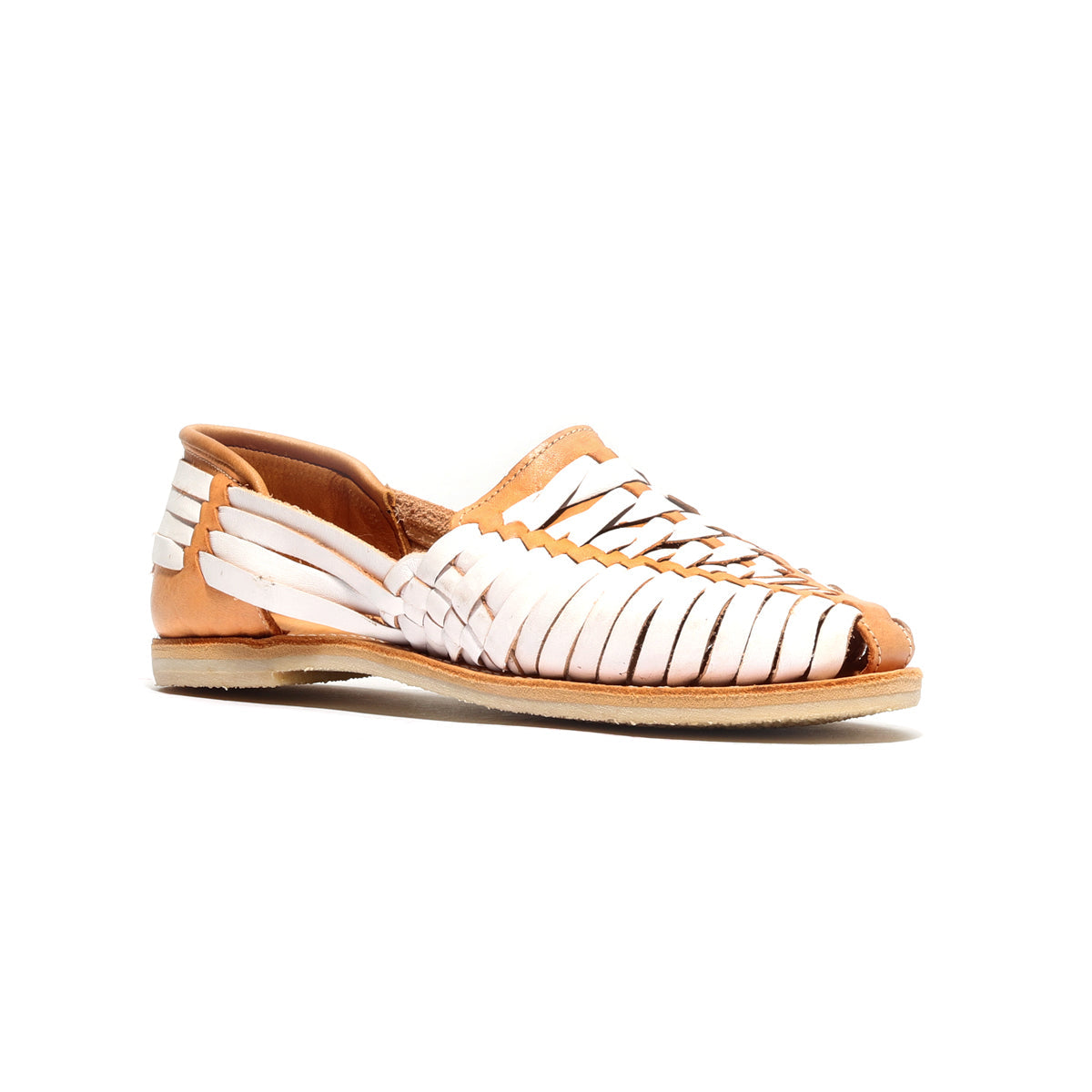 Women’s white cross-woven huarache sandal with tan insole and low outsole