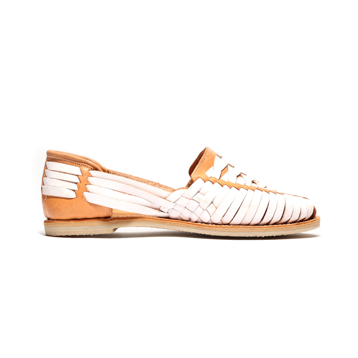 Women’s cross-woven huarache sandal, white woven upper with tan heel and outsole
