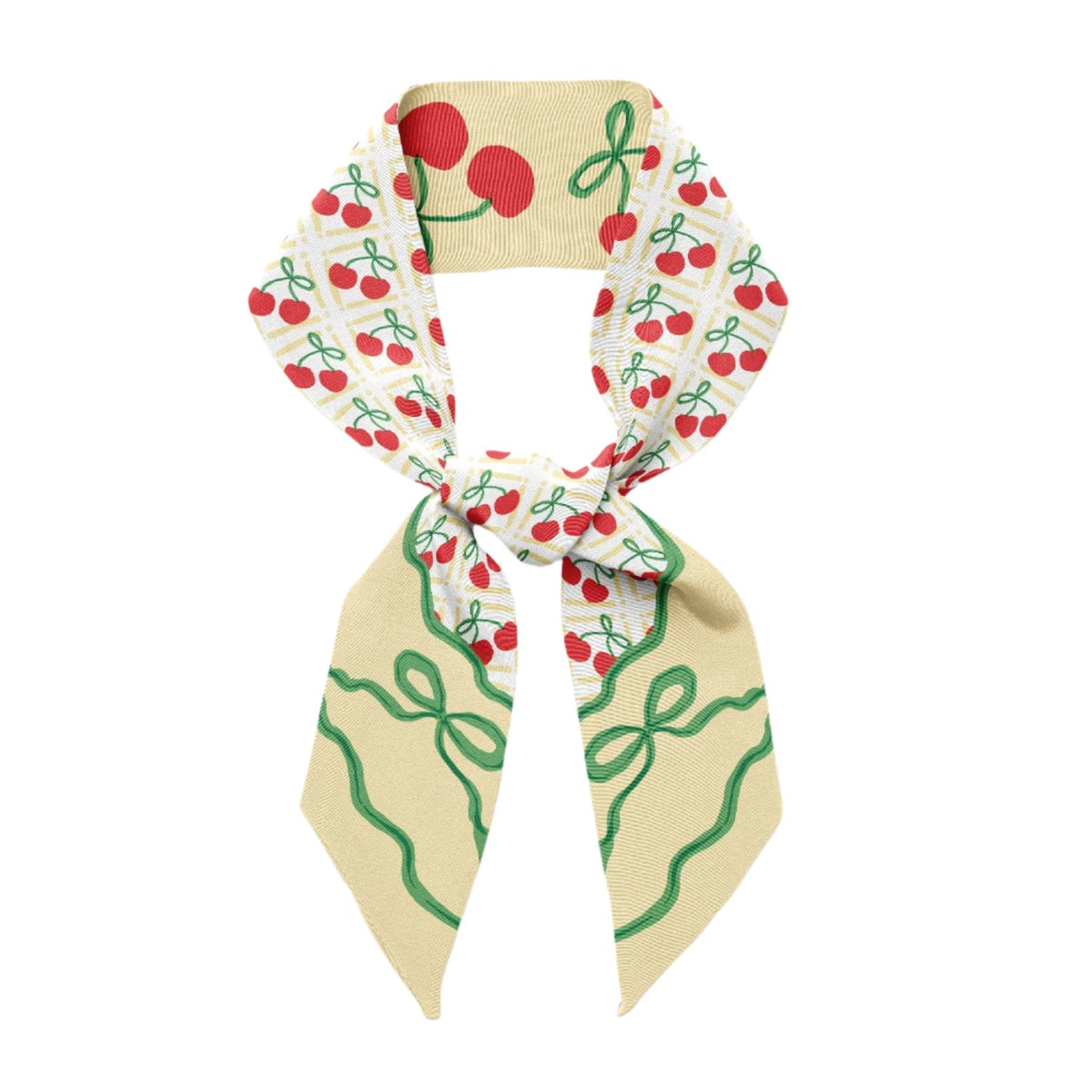 Cream ribbon scarf with red cherries and green stems; tied bow with pointed ends