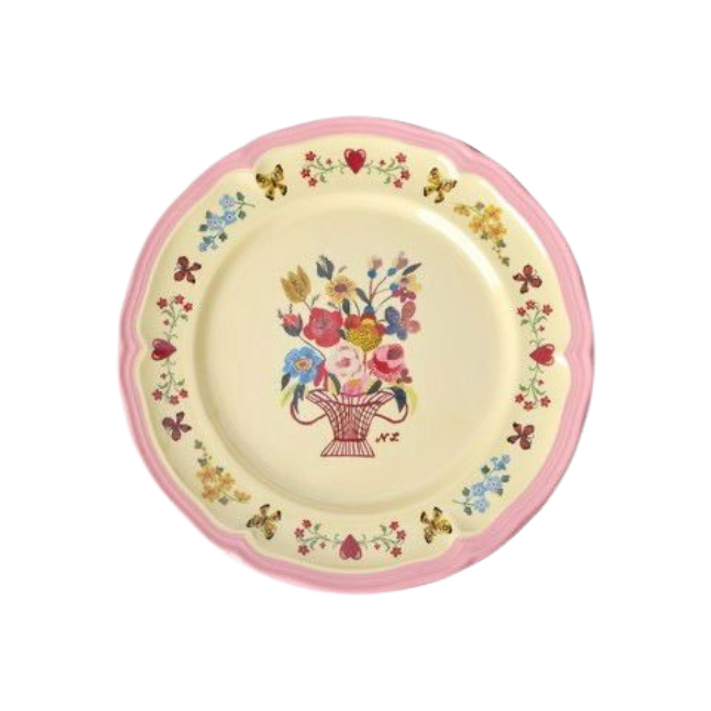 Pink melamine side plate with vintage floral basket print and decorative border