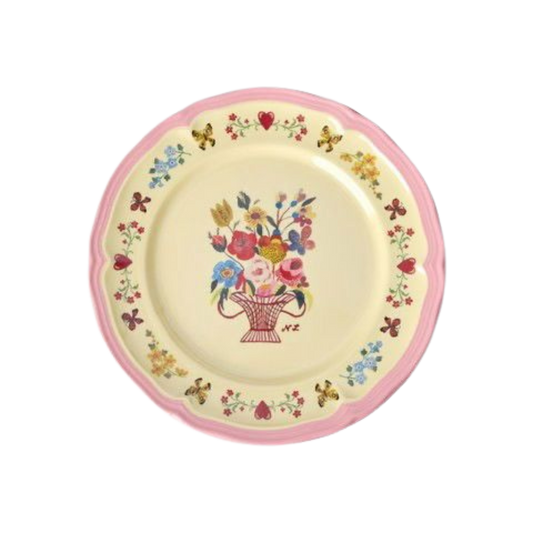 Pink melamine side plate with vintage floral basket print and decorative border