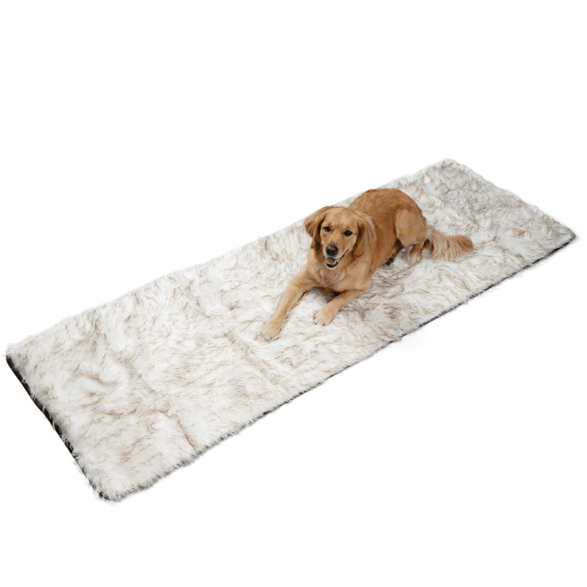 White plush waterproof dog bed runner with a dark-trim border