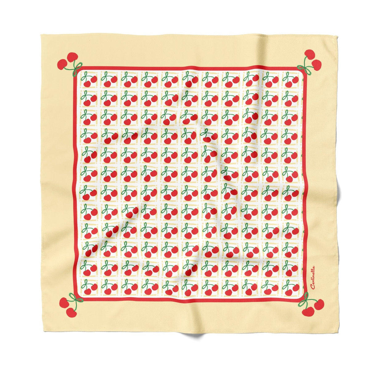 Cotton-silk bandana with cream background, red border, and cherry print