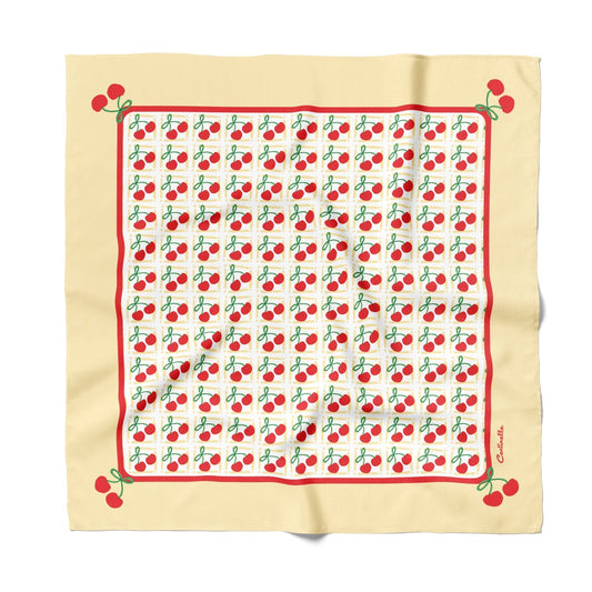 Cotton-silk bandana with cream background, red border, and cherry print