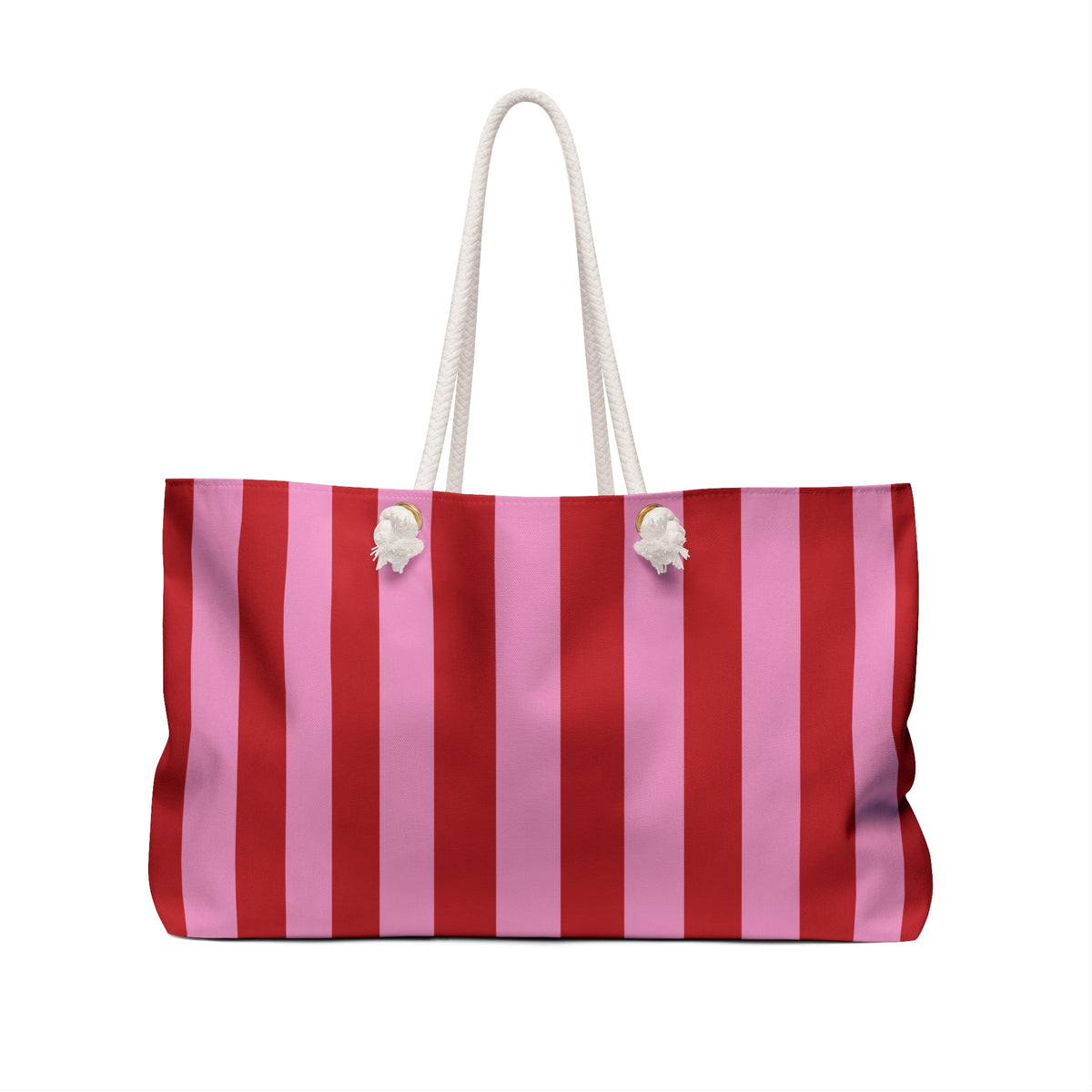 Striped pink and red tote bag with white rope handles, featuring a center logo