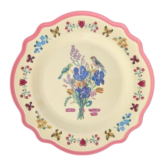 Neon pink scalloped melamine dinner plate with floral and bird bouquet print