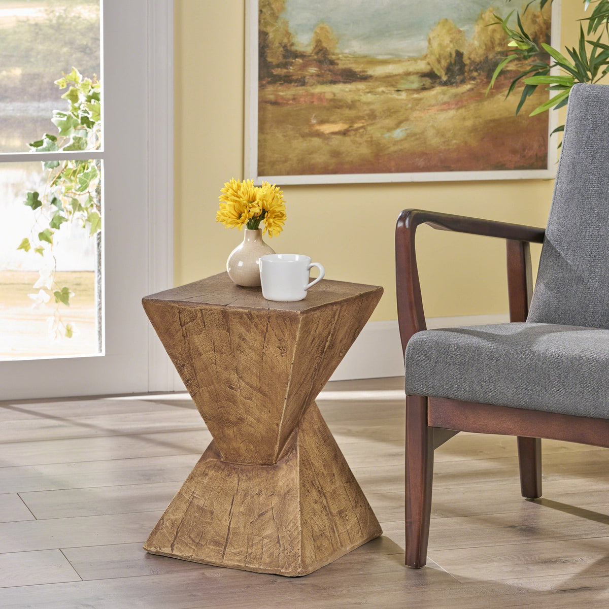 Natural wood hourglass side table with a square top and textured finish