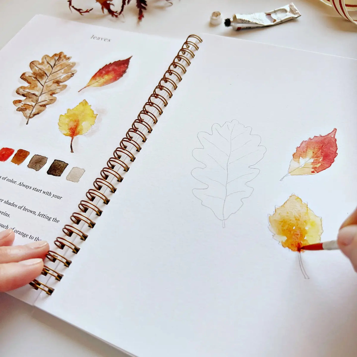 Open watercolor workbook page with leaf outlines, painted leaves, and paintbrush