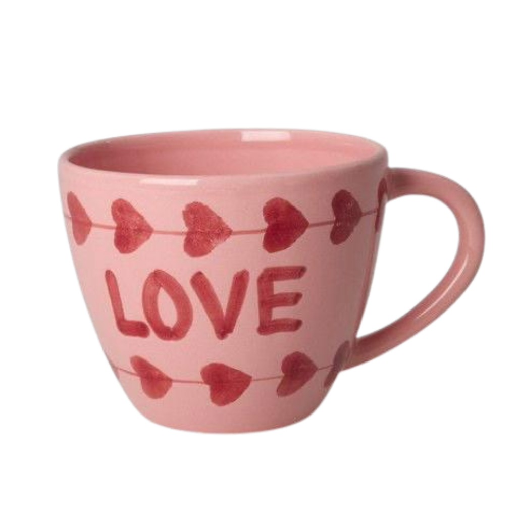 Ceramic jumbo cup, pink with hand-painted LOVE and heart pattern